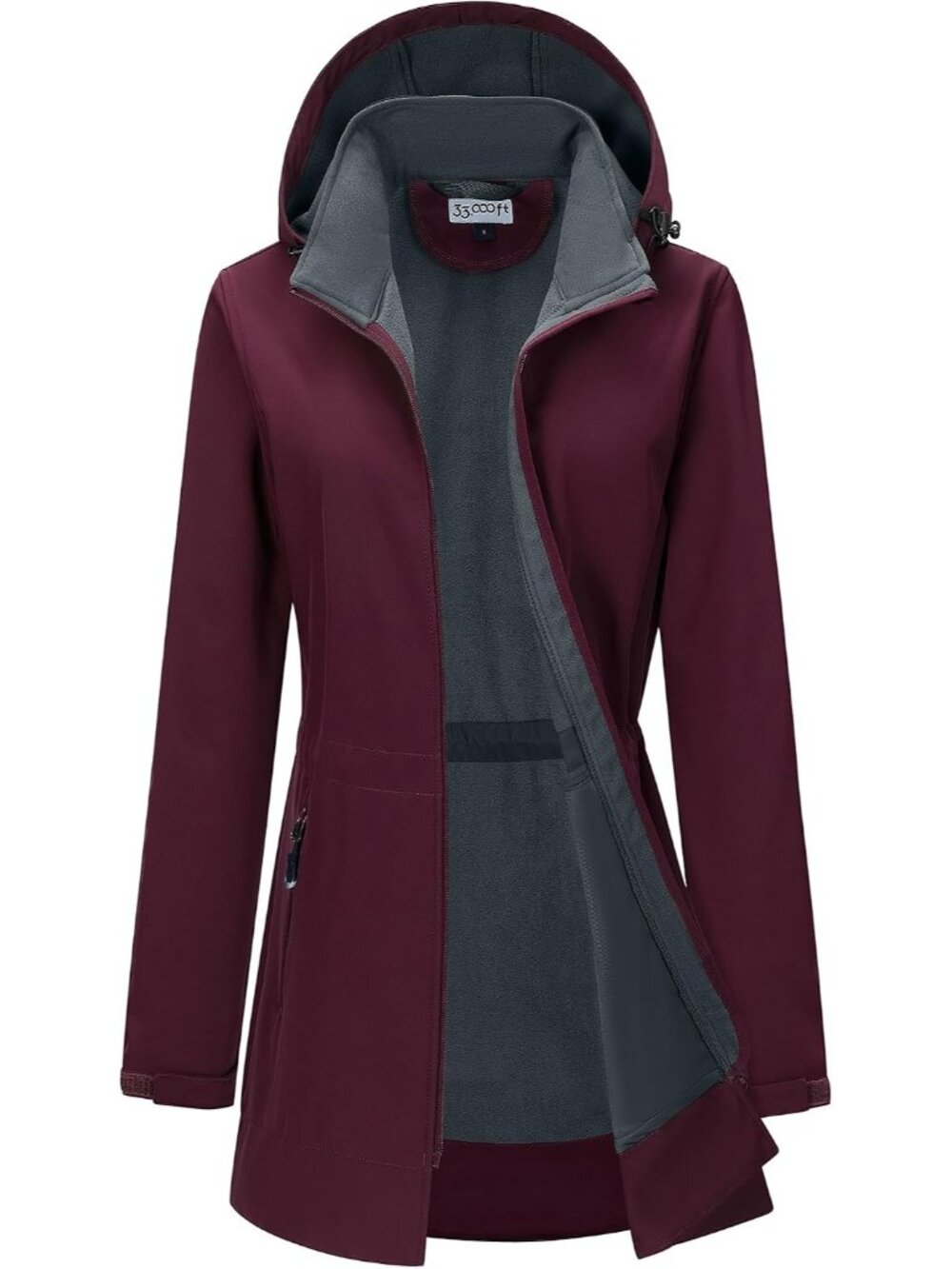 Womens Maroon Hooded Fleece Lined Softshell Full Zip Long Waterproof Rain Jacket